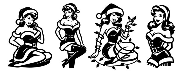 beauty pin-up girl illustration, adorable beautiful pinup woman model, comic book character, black shape silhouette vector christmas decoration Christmas holidays, Santa Claus