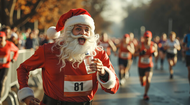 A man dressed as Santa Claus running in a marathon