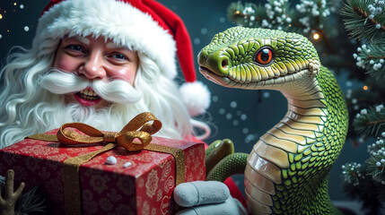A santa claus holding a present next to a green snake