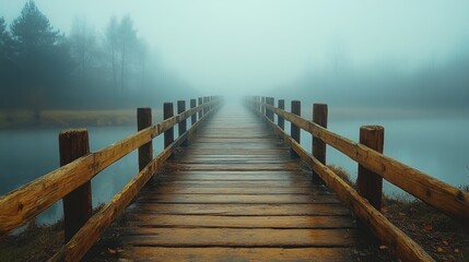 Wooden bridge over a lake disappearing in the fog. Bridge leading into the distance, into the unknown. Wooden bridge in a gloomy morning setting.