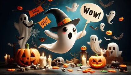 Cute Ghost with Witch Hat Celebrating Halloween.