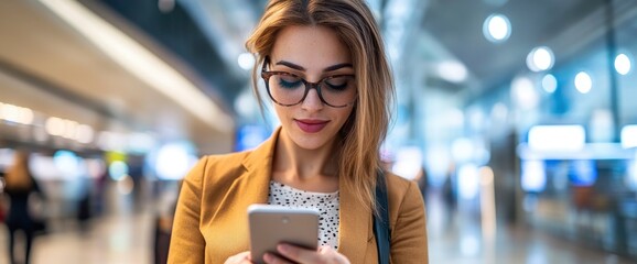 Woman using smartphone in airport