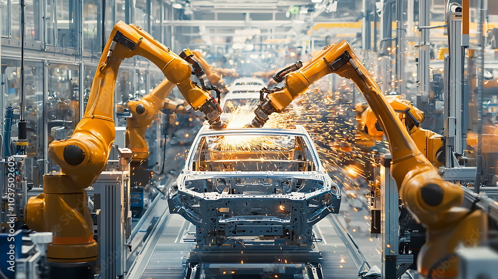 Aufkleber Innovative robotic arms in action streamlining vehicle assembly in a state-of-the-art factory environment
