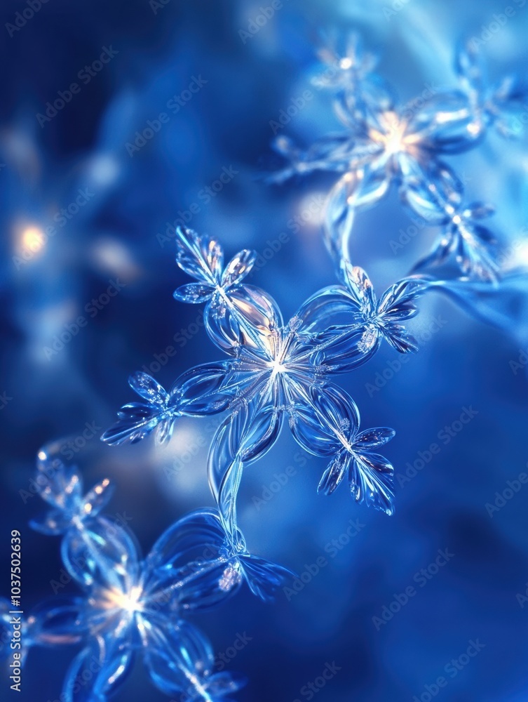 Poster The artwork showcases abstract snowflakes sparkling in shades of blue, creating a captivating winter atmosphere and delicate designs. Generative AI