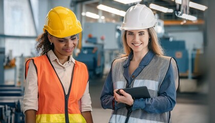 Teamwork At Factory. Industrial Technology Engineer