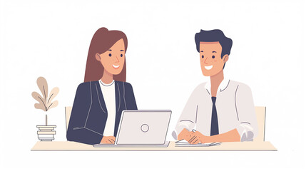 Young man and woman collaborating at a desk with a laptop.