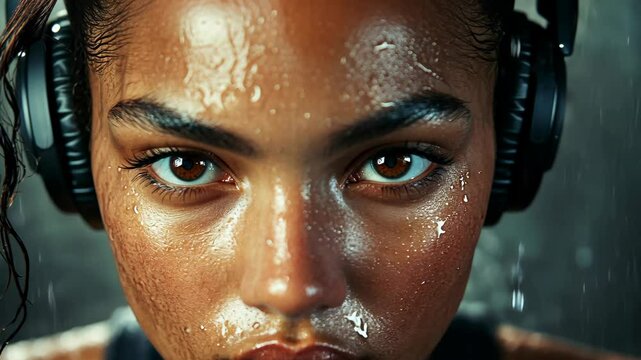 A woman with headphones on is sweating profusely after a workout