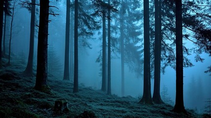 Misty Forest with Blue Tones and Majestic Trees