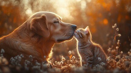 Friendship between a dog and a cat. A dog and a cat hug each other peacefully, friendship between animals.