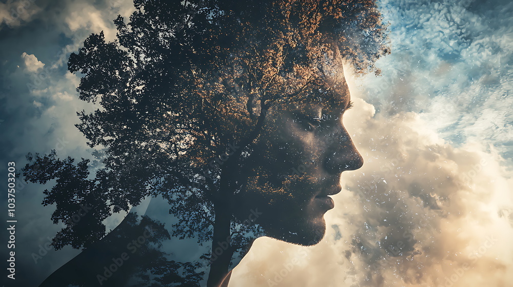 Poster A profound exploration of nature and identity the silhouette of a person merging with a tree and clouds in a dreamlike landscape