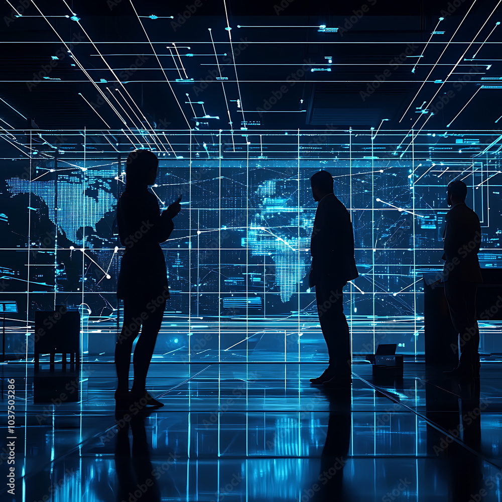 Poster Silhouettes of professionals navigating a high-tech environment with global connectivity and advanced digital interfaces