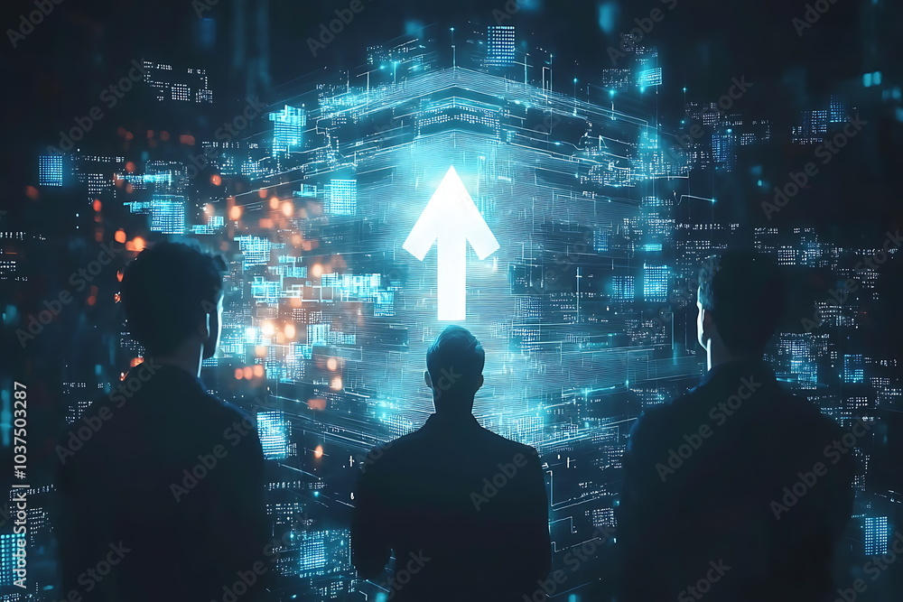 Aufkleber silhouettes of three individuals engaging with a digital interface showcasing advanced technologies 