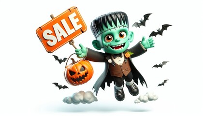 Happy Halloween Monster Holding Sale Sign.