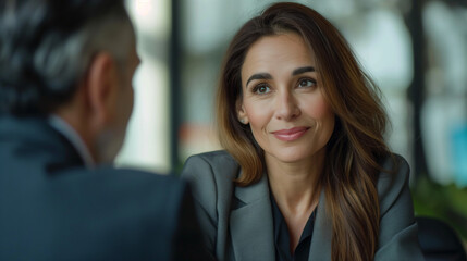 Businesswoman in office meeting with a male colleague.