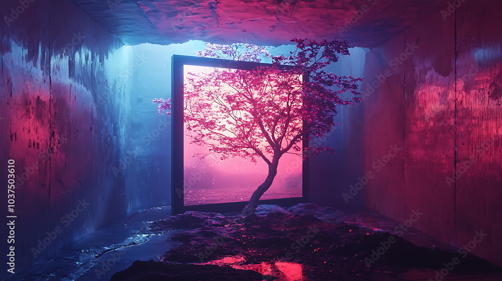 Poster a surreal tree emerges through a vibrant frame of light and color in an enigmatic space