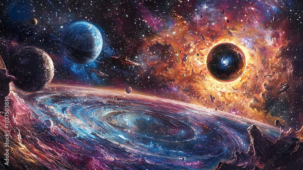 Leinwandbilder exploring the abyss a vibrant cosmic journey through a colorful universe of planets and celestial wo