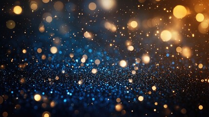 Fototapeta premium Blue background with gold glitter and bokeh effect. Christmas background with bokeh and glitter.