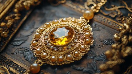 Obraz premium Exquisite vintage jewelry featuring intricate design and captivating amber gemstones for timeless elegance
