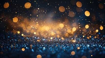 Obraz premium Blue background with gold glitter and bokeh effect. Christmas background with bokeh and glitter.