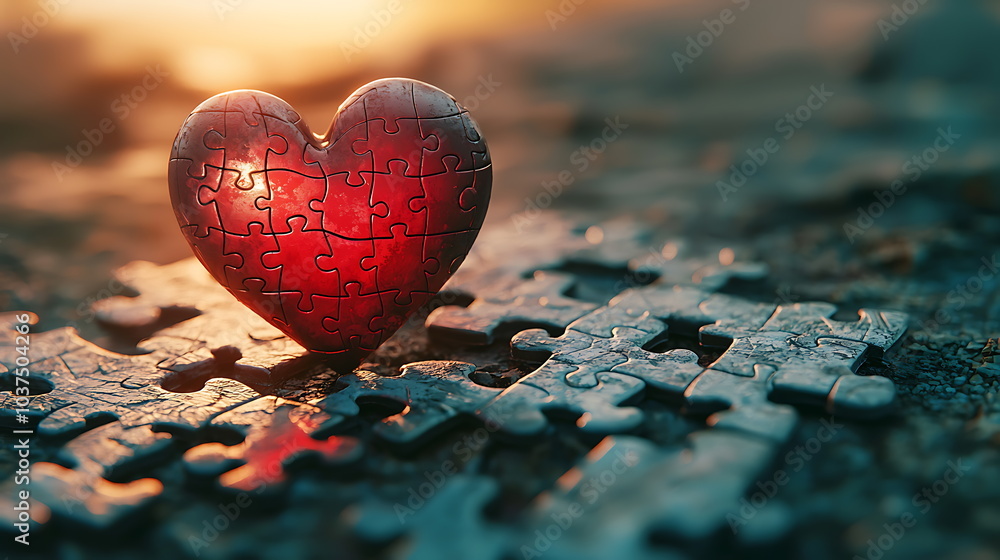 Aufkleber exploring the intricate connection of emotions through a red puzzle heart amidst disconnected pieces
