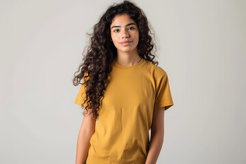 Obraz premium A young woman with curly hair, dressed in a mustard yellow t-shirt, poses confidently against a neutral background.