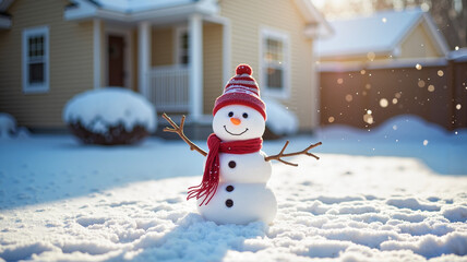 Obraz premium Cheerful snowman with red scarf and hat standing in snowy yard during winter day