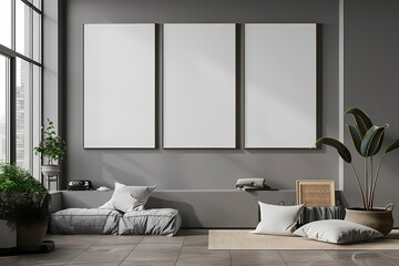 Fototapeta premium A modern living space with clean lines, showcasing three blank frames on the wall and a cozy seating area, creating a calm and inviting atmosphere.