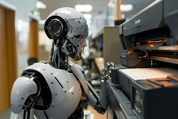 Irritated humanoid robot looking at printer machine at office.