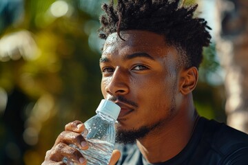 The benefits of hydration. Portrait of a young black man drinking water from a sports bottle after exercising, Generative AI