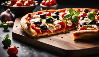Delicious Pizza with Mozzarella, Olives, and Basil