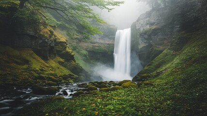 Misty Waterfall in a Forest