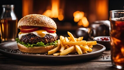 Juicy Cheeseburger with French Fries and a Cold Drink