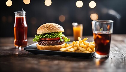 Delicious Burger with French Fries and Ice Cold Drink