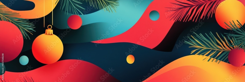 Poster brightly colored abstract christmas ornaments hang alongside smooth waves, enhancing the festive atm