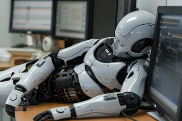 Side view of humanoid robot sleeping while leaning on security monitor's desk in office, robot, security, ai, artificial, computer, intelligence, code, sleeping, tech, machine, monitor