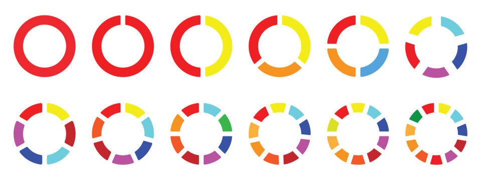 Pie chart color icons. Segment slice sign. Circle section graph. 1,2,3,4,5 segment infographic. Wheel round diagram part symbol. Different color circles isolated. Infographic element round shape