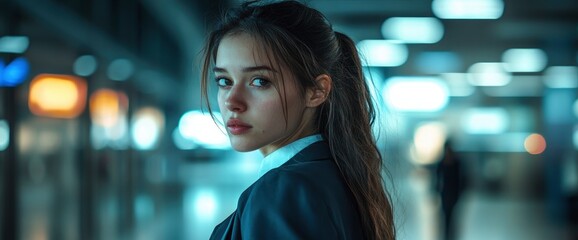 Young Woman Looking Over Shoulder in Urban Setting