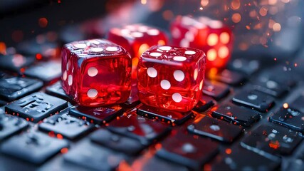 Red translucent dice glowing on a laptop keyboard, symbolizing online gambling and games of chance - Powered by Adobe