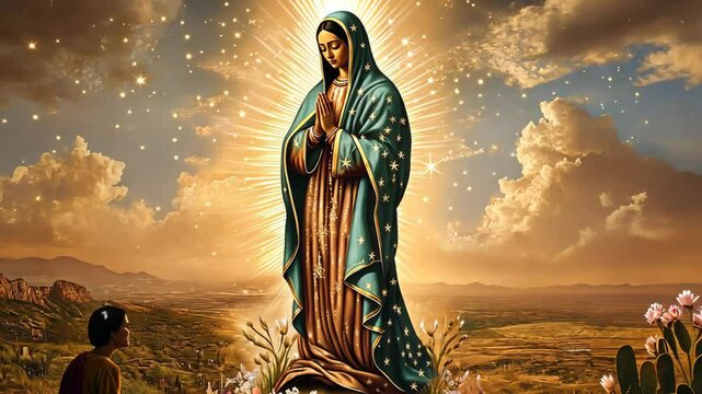 Animation of the apparition of the virgin of guadalupe. Mexican catholic celebration