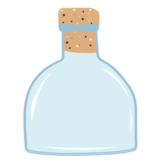 Transparent, empty bottle of blue color, with cork. Flat style vector illustration
