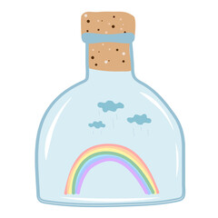 Rainbow and clouds in a bottle. Magical , cartoon bottle with summer memories. The concept of summer emotions