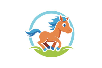 A black vector illustration depicts a cartoon horse head, a wild mammal symbol with a flowing mane