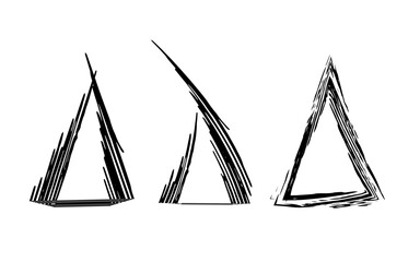 Set of three abstract triangular shapes. Black logos for design and decor. Brush strokes hatching . Christmas trees or sailing ships, letter A