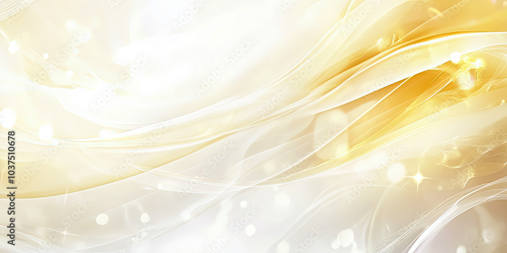 Poster white background with a gold wave pattern. the image has a dreamy, ethereal quality to it