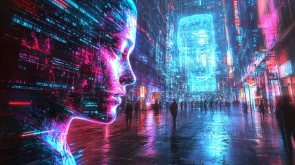 Cyberpunk city with a digital face in the foreground and neon lights reflecting on the wet pavement.