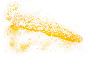 Turmeric powder pile flying isolated on white background, top view	