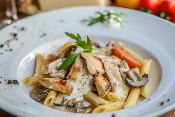 Pasta with grilled chicken, mushrooms, and a creamy sauce is on a white plate, garnished with a green leaf. Concept of savory and appetizing Italian cuisine. For promoting a restaurant menu.