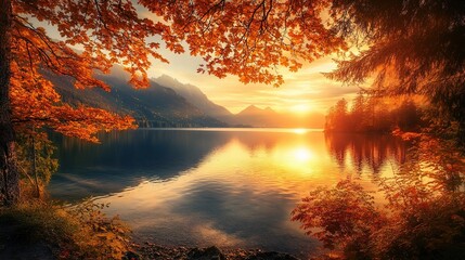 Serene Autumn Sunset Over Tranquil Lake Landscape