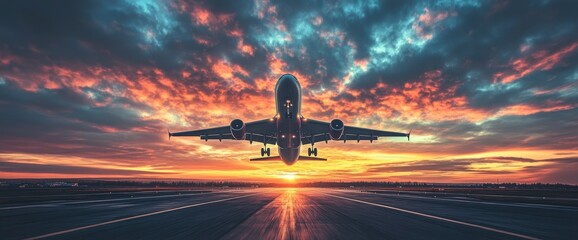 Airplane Taking Off at Sunset
