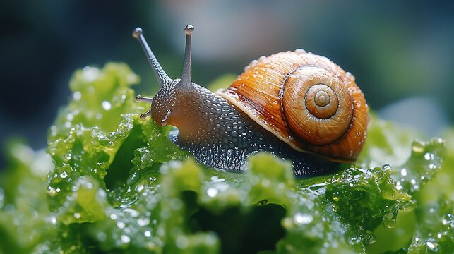 A close-up of a snail on vibrant green lettuce leaves, showcasing nature's details.